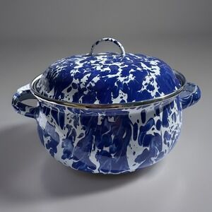 Golden Rabbit Blue White Splatter Enamelware Casserole Pot Dutch Oven 2.5 Quart